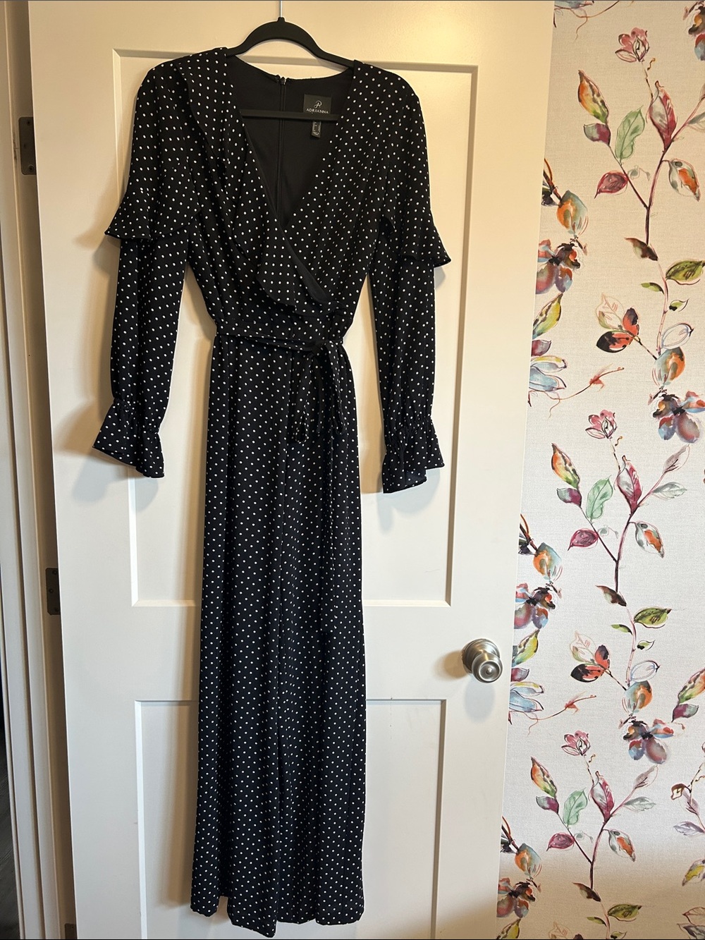 Black Polka Dot Wrap Jumpsuit with Tie Waist